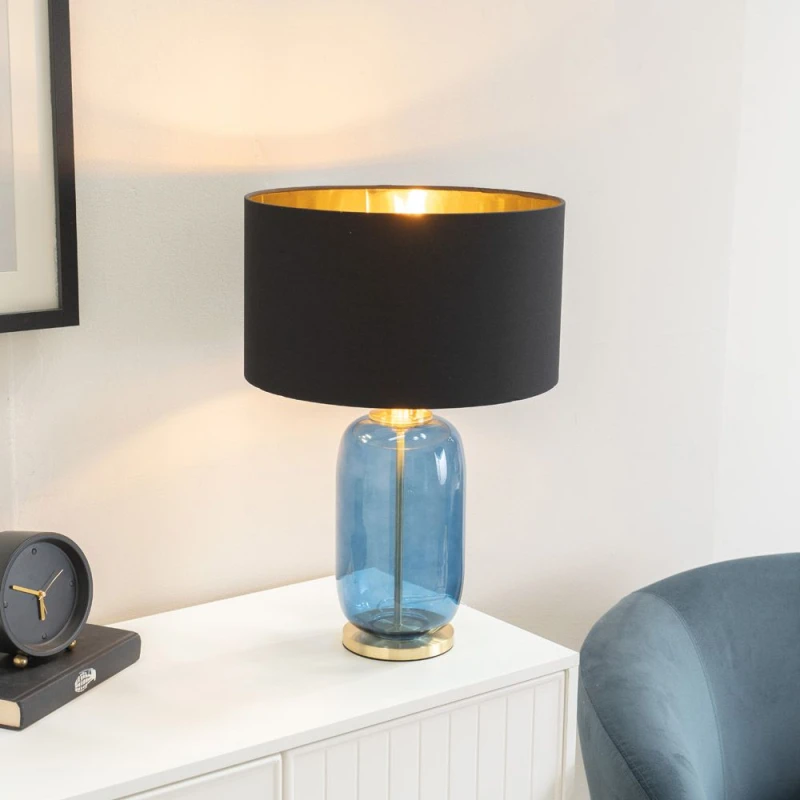 Image of ValueLights ValueLights Leigh Black with Metallic Gold Shade with Navy Blue Glass and Gold Table Lamp Blue One Size Unisex 5059406044281