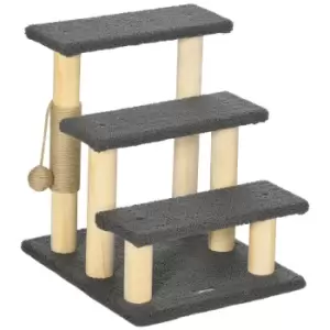 Image of PawHut Dog Steps for Bed 3 Step Pet Stairs Cat Tree Tower w/ Jute Toy Ball Grey