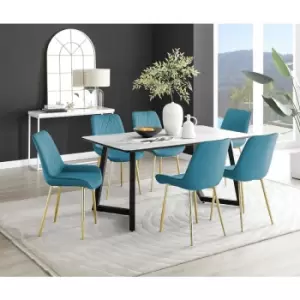 Image of Furniturebox UK - Furniturebox Carson White Marble Effect Rectangular 160cm Dining Table & 6 Blue Pesaro Gold Leg Velvet Chairs