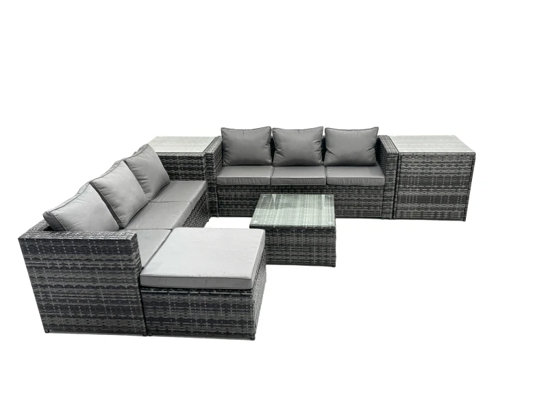 Image of Fimous 7 Seater Patio Lounge Sofa Set with 2 Side Table Big Footstool in Dark Grey Dark Grey Unisex