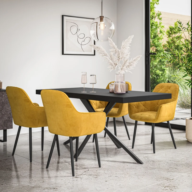 Image of More4Homes Donni Dining Table And Chairs - Black Table Top W Black Legs + Anika Velvet Dining Chair Set Of 4 (Mustard)