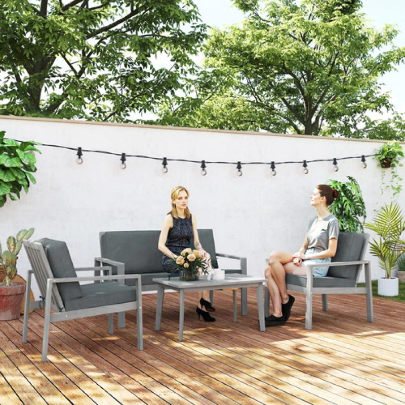 Image of Outsunny 4 Pieces Wooden Garden Furniture Set with Cushions, Light Grey 84G-502V70LG