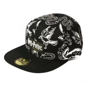 Image of Harry Potter Wizards Unite Logo and Hogwarts Houses Symbols All-Over Print Snapback Baseball Cap- Black