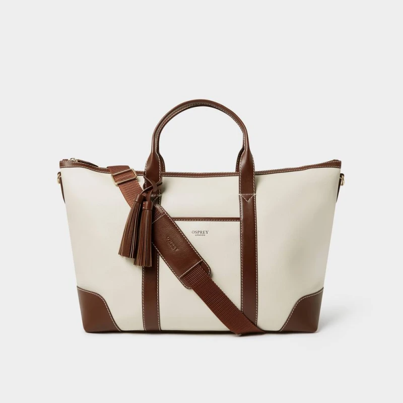 Image of OSPREY LONDON Womens The Classic Savanna Leather Weekender Bag in Ivory Ivory Female