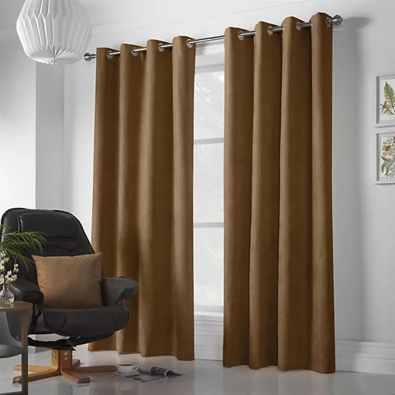 Image of Velvet Chenille Ready Made Eyelet Curtains Tan