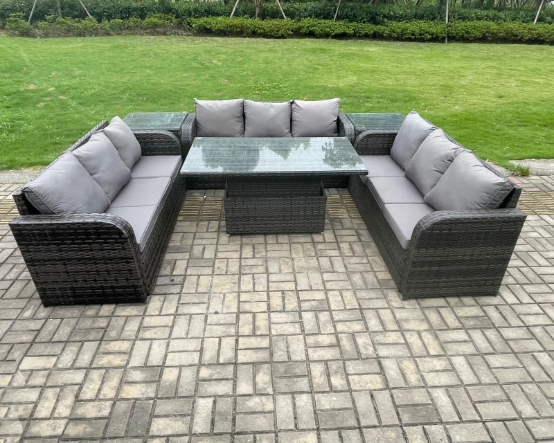 Image of Fimous Patio Garden Dining Set Outdoor Rattan Furniture Lounge Sofa Height Adjustable Table With 2 Side Tables Dark Grey