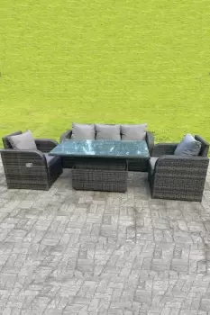 Image of Fimous 5 Seater Outdoor Dark Grey Rattan Lounge Complete Sofa Set with Adjustable Dining Table and Reclining Chairs