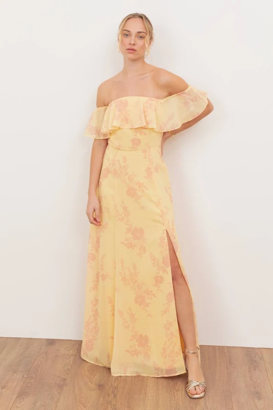 Image of Anaya with Love Womens Floral Print Bardot Maxi Dress in Yellow Size: 14 Yellow Female 14