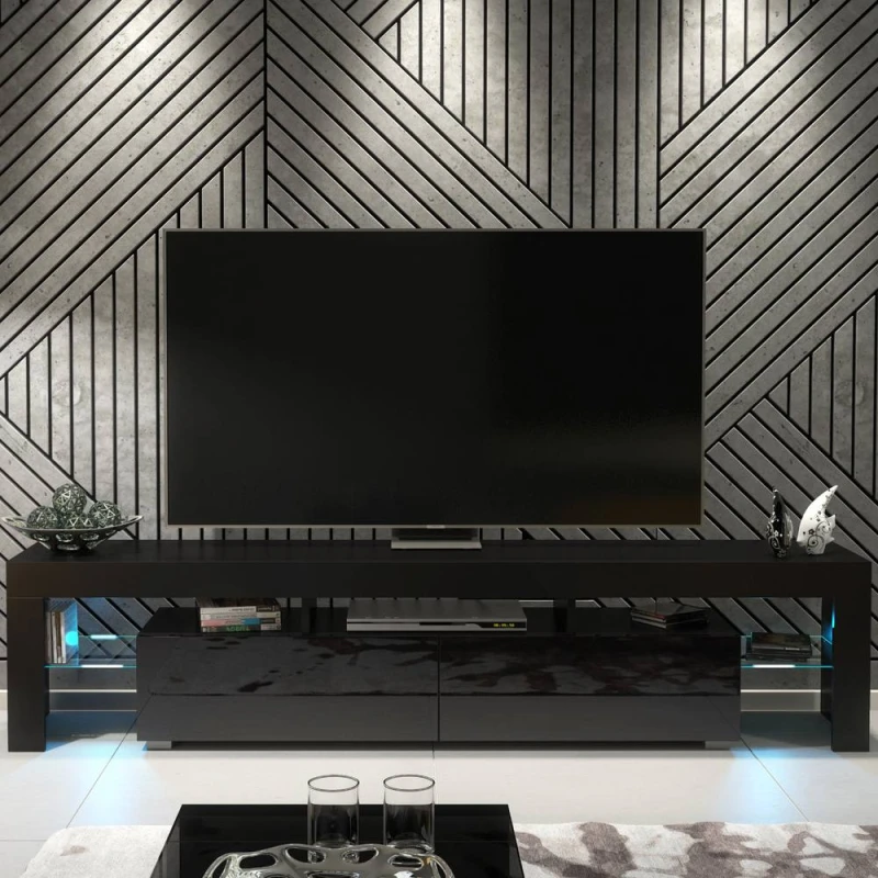 Image of Creative Furniture Nova TV Unit 200cm - Black with Gloss Doors & LED Lights Black Unisex