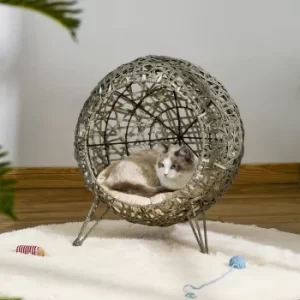 Image of Pawhut Woven Rattan Wicker Elevated Cat Bed House Kitten Pussy Basket Ball Shaped Pet Furniture w/ Removable Cushion Smoky Grey 52 x 52 x 58 cm