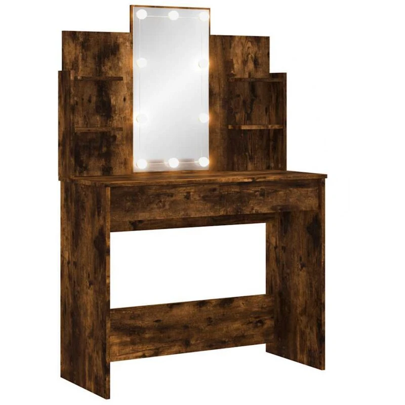Image of vidaXL Dressing Table with LED Lights Smoked Oak 96x40x142 cm, Brown 837897