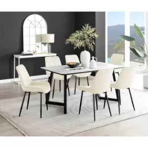 Image of Furniture Box Carson White Marble Effect Dining Table and 6 Cream Pesaro Black Leg Chairs