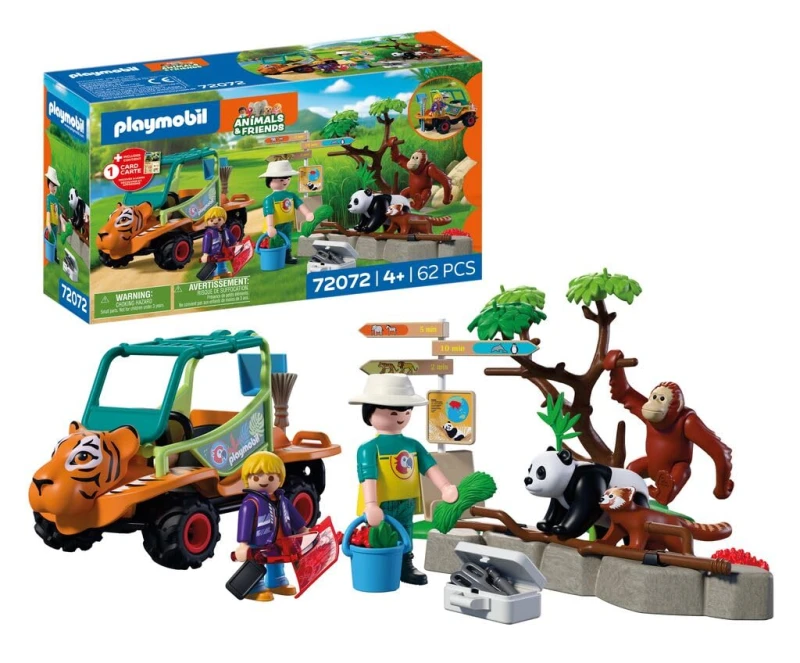 Image of PLAYMOBIL Animals & Friends Dierentuin Dierenverzorger met voertuig Voertuig met tijgerkop en 3 dieren kinderspeelgoed voor kinderen vanaf 4 j