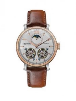Image of Ingersoll Ingersoll Hollywood Silver And Rose Gold Moonphase Automatic Dial Brown Leather Strap Watch