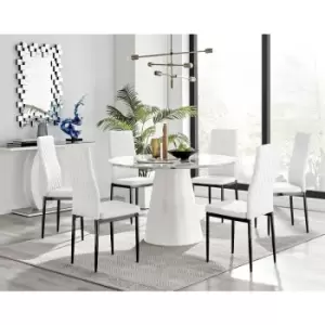 Image of Furniturebox Palma White Marble Effect 120cm Round Minimalist Dining Table & 6 White Milan Black Leg Faux Leather Chairs