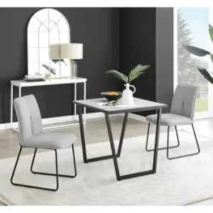 Image of Furniturebox Carson White Marble Effect Square Dining Table & 2 Light Grey Halle Fabric Chairs