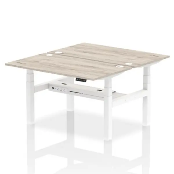 Image of Air Air Back-to-Back 1400 x 800mm Height Adjustable 2 Person Bench Desk Grey Oak Top with Cable Ports White Frame HASCP2P14800GRYW
