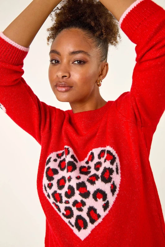 Image of Roman Womens Animal Heart Detail Knit Jumper in Red Size: 12 Red Female 12