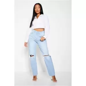 Image of I Saw It First Light Wash Petite Rip Detail Straight Leg Jean - Blue