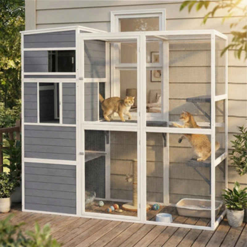 Image of Pawhut Wooden Catio With Spacious Resting Rooms, 3 Platforms, Window, Grey