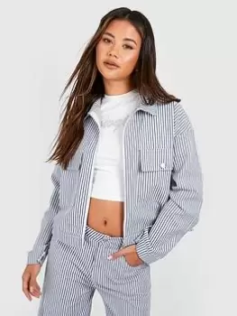 Image of Boohoo Stripe Chambray Denim Jacket - Blue Size 6, Women