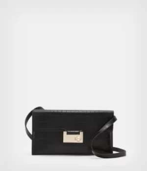 Image of AllSaints Womens Francois Crocodile Effect Leather Crossbody Bag, Black