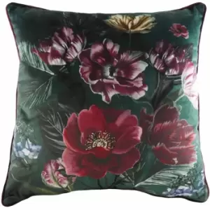 Image of Evans Lichfield - Eden Bloom Floral Print Faux Velvet Piped Edge Cushion Cover, Multi, 50 x 50 Cm