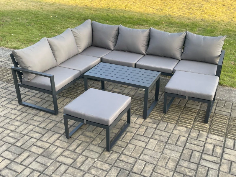 Image of Fimous Aluminum 8 Seater Outdoor Lounge Corner Sofa Set Garden Furniture Sets with Oblong Coffee Table 2 Big Footstool Dark Grey Dark Grey Unisex