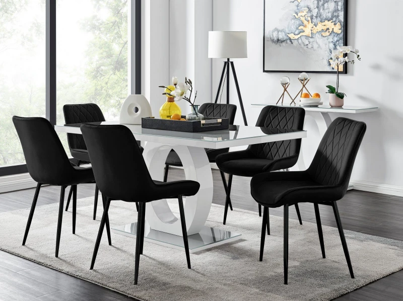 Image of FurnitureboxUK FurnitureboxUK Giovani 6-Seater Grey Glass Dining Table and 6 Pesaro Soft Velvet Dining Chairs in Black One Size Unisex 505654266