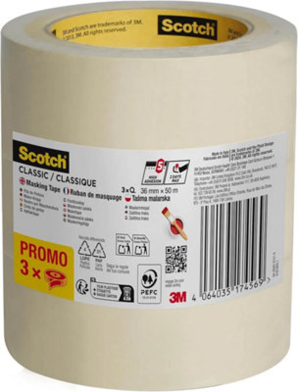 Image of Scotch Classic Masking Tape 36mm x 50m Pack of 3 7100334057 3M17456 3M17456