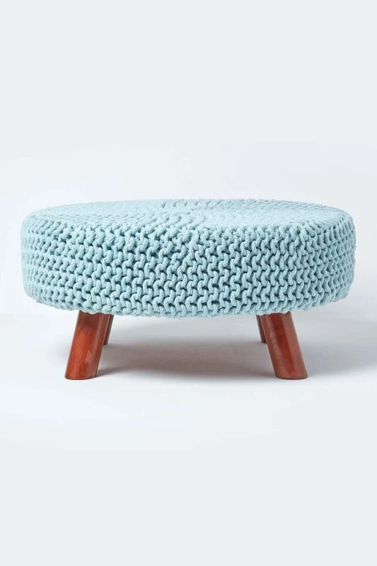 Image of Homescapes Large Round Cotton Knitted Footstool on Legs Bright Blue