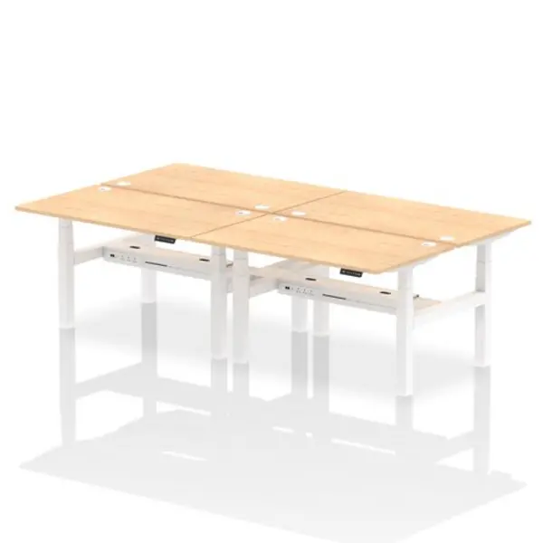 Image of Air Air Back-to-Back 1400 x 800mm Height Adjustable 4 Person Bench Desk Maple Top with Cable Ports White Frame HASCP4P14800MPEW
