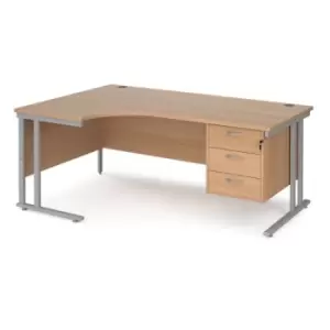 Image of Office Desk Left Hand Corner Desk 1800mm With Pedestal Beech Top With Silver Frame 1200mm Depth Maestro 25 MC18ELP3SB