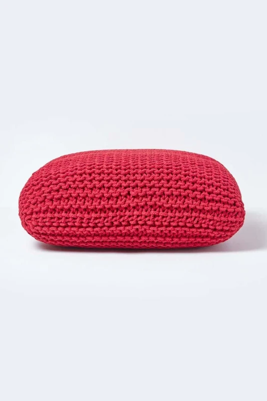 Image of Homescapes Square Cotton Knitted Pouffe Floor Cushion Red