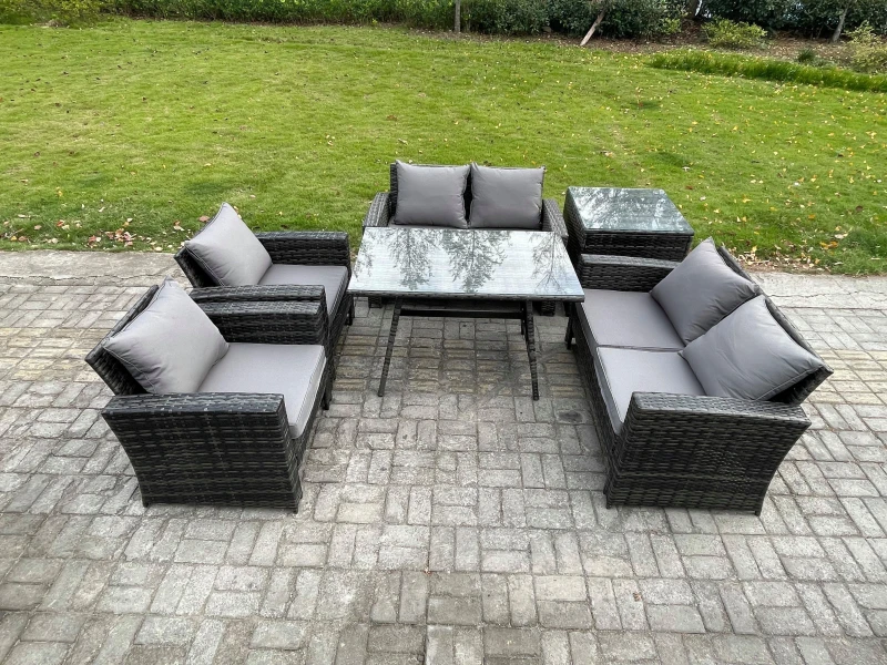 Image of Fimous Rattan Garden Furniture Set 6 Seater Patio Outdoor Lounge Sofa Set With Rectangular Dining Table For Balcony