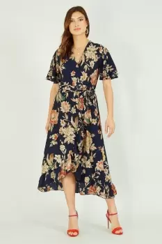 Image of Winter Floral Wrap Midi Dress In Navy