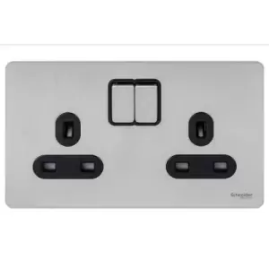 Image of Schneider Electric Ultimate Screwless Flat Plate - Double Switched Power Socket, 13A, GU3420BSS, Stainless Steel with Black Insert