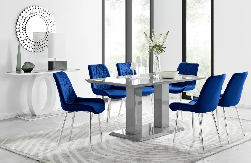 Image of FurnitureboxUK FurnitureboxUK Imperia 6 Grey Dining Table and 6 Pesaro Silver Leg Chairs in Navy Navy One Size Unisex 5056542662508