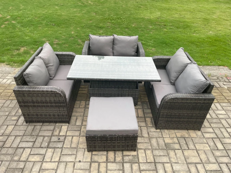 Image of Fimous Rattan Garden Outdoor Furniture 3 PC Love Sofa Set Patio Adjustable Rising lifting Dining Table With Big Footstool Dark Grey