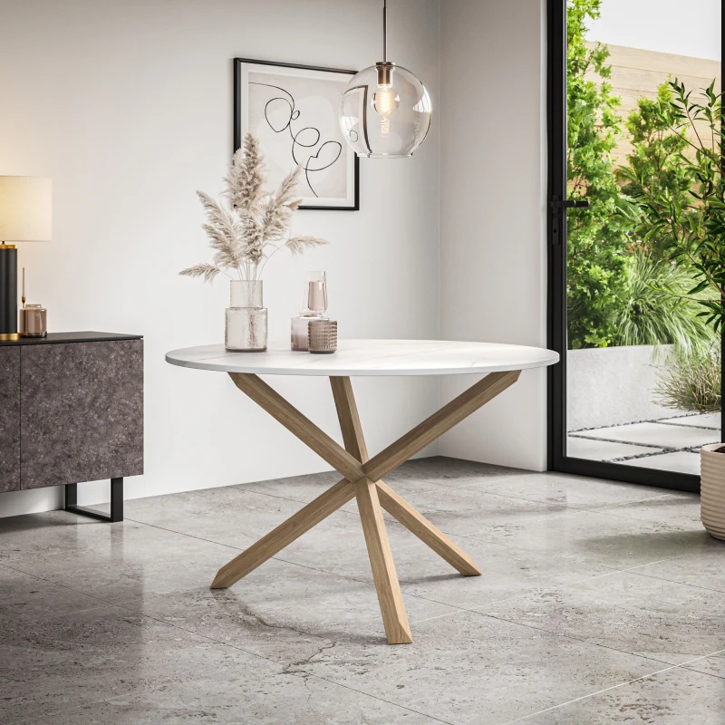 Image of More4Homes Malvern Round Dining Table White Marble Effect Table Top W Solid Oak Legs