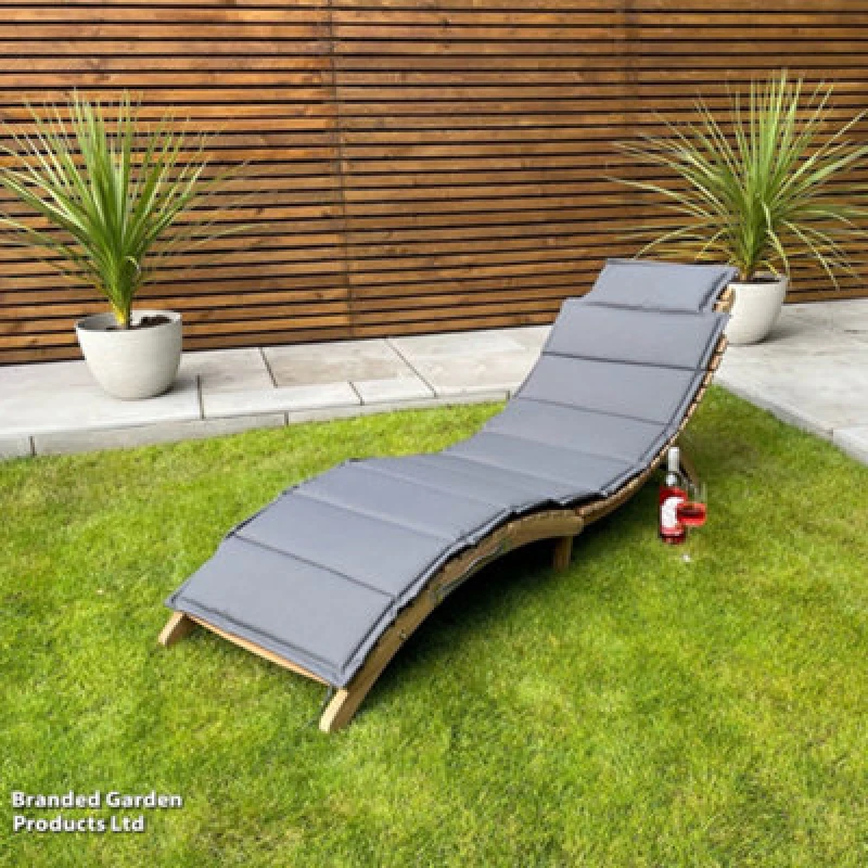 Image of Garden Gear Acacia Wood Sun Lounger Recliner & Cushion, Lawn Patio Wooden Decking Chair Foldable Design (X1)