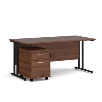 Image of Office Desk Rectangular Desk 1600mm With Pedestal Walnut Top With Black Frame 800mm Depth Maestro 25 SBK216W