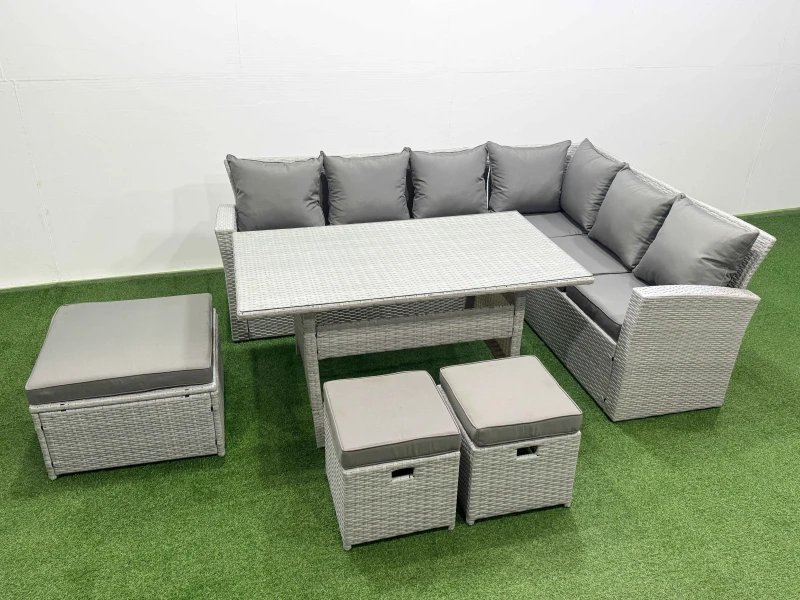 Image of Fimous Rattan Garden Furniture Set Outdoor 9 Seater Patio Dining Corner Sofa in Light Grey Light Grey Unisex