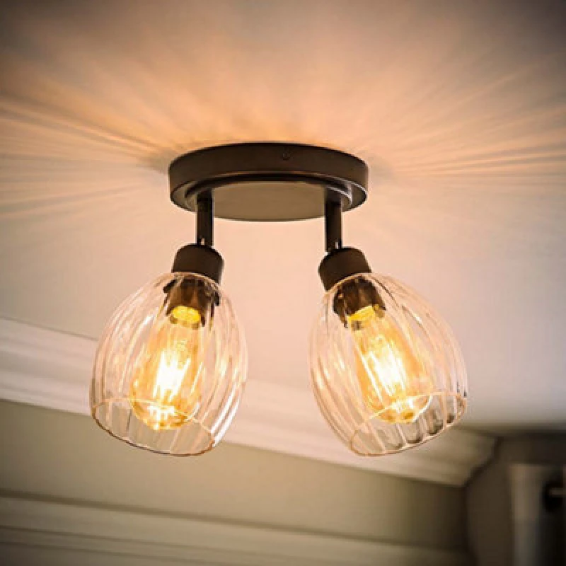 Image of ValueLights ValueLights Cheltenham 2 Way Ribbed Glass Spotlight Flush Ceiling Light and Bulbs in Black One Size Unisex 5059406071140