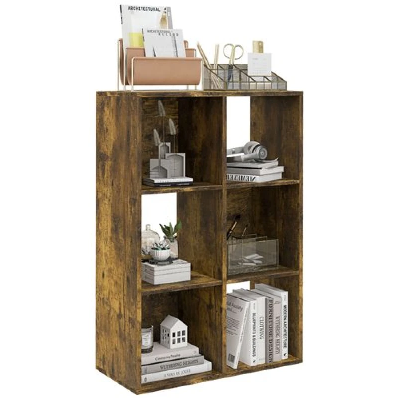 Image of Homcom Storage Cabinet Bookcase 6 Cube For Home Office, Rustic Brown 833-423V80RB