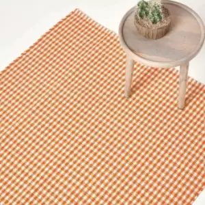 Image of Cotton Gingham Check Rug Hand Woven Orange White, 60 x 90cm - Orange - Homescapes