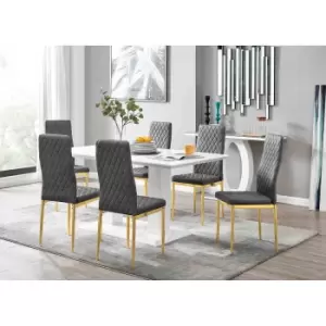 Image of Furniture Box Imperia 6 White Dining Table and 6 Grey Velvet Milan Gold Leg Chairs