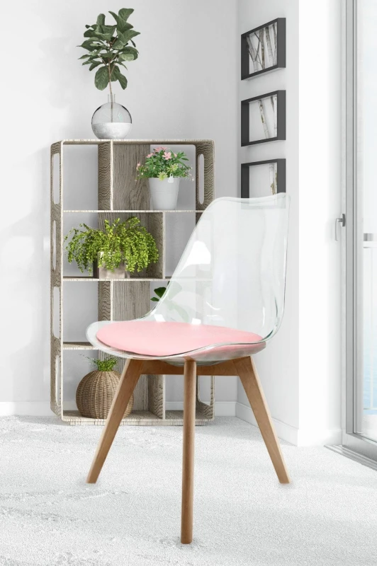 Image of Fusion Living Soho Clear Plastic Dining Chair with Squared Light Wood Legs in Dusty Pink Dusty Pink Unisex
