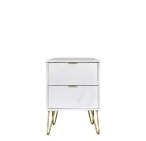 Image of Hirato Ready Assembled 2 Drawer Bedside Cabinet Marble Gold Metal Hairpin Legs