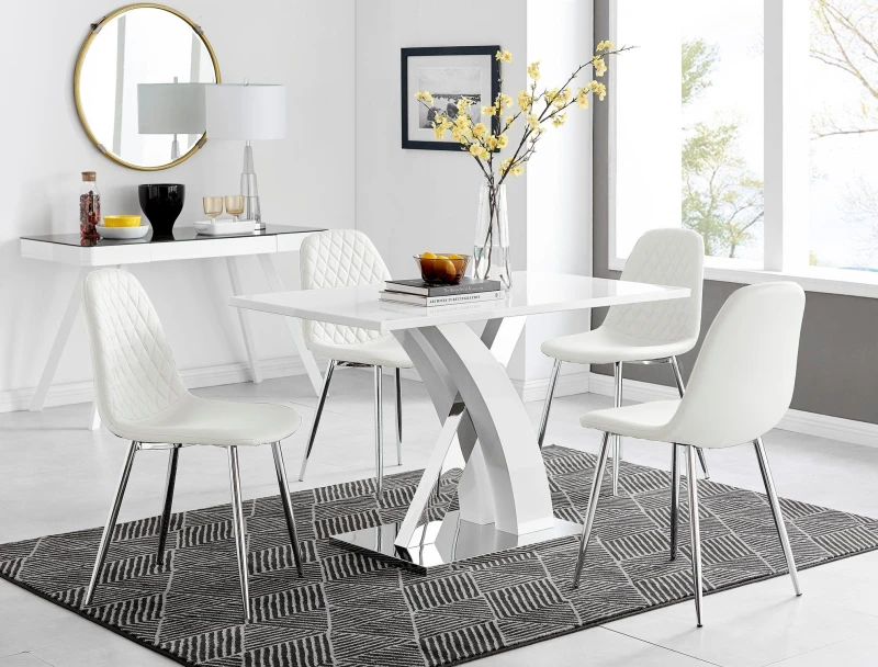 Image of FurnitureboxUK FurnitureboxUK Atlanta White High Gloss and Chrome 4 Seater Dining Table with X Shaped Legs and 4 Faux Leather Corona Chairs White One